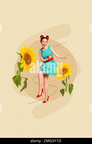 Affiche photo de collage de jeune fille hipster excitée jupe aquamarine danse célébrer l'été fleur jaune fleur fleur isolée sur fond beige Banque D'Images