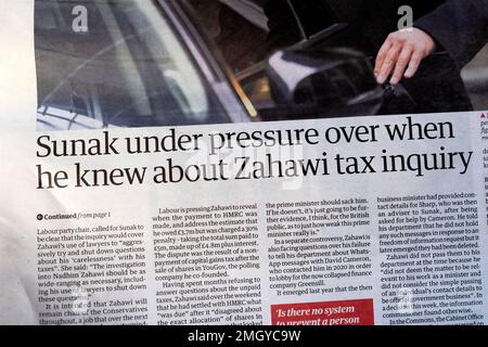 Rishi « Unak Ununderpression when he known about Zahawi Tax Inquiry » le journal du Guardian titre MP Nadim Zahawi HMRC sanction fiscale janvier 2023 Royaume-Uni Banque D'Images