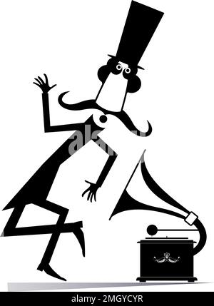 Lecteur de disques rétro. Homme dansant dans le chapeau supérieur. Danseuse de moustache à dessin animé dans le chapeau supérieur. Lecteur de disques rétro. Illustration noir sur blanc Illustration de Vecteur