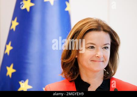 Brdo PRI Kranju, Slovénie. 26th janvier 2023. Le ministre slovène des Affaires étrangères Tanja Fajon s'adresse à la presse lors du rassemblement annuel des diplomates slovènes à Brdo pri Kranju. Le Ministre espagnol des affaires étrangères a assisté à la réunion annuelle des diplomates slovènes en tant qu'invité d'honneur lors de sa visite en Slovénie. Crédit : SOPA Images Limited/Alamy Live News Banque D'Images