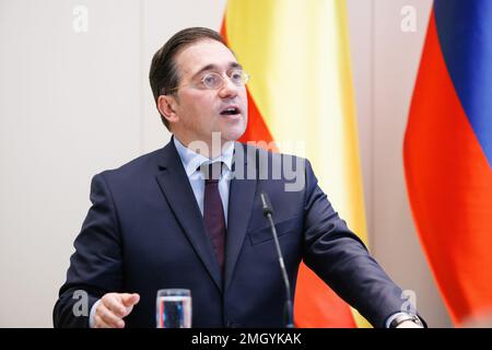 Brdo PRI Kranju, Slovénie. 26th janvier 2023. Le ministre des Affaires étrangères, de l'Union européenne et de la coopération du Royaume d'Espagne, José Manuel Albares Bueno, prend la parole lors d'une conférence de presse lors du rassemblement annuel de diplomates slovènes à Brdo pri Kranju. Le Ministre espagnol des affaires étrangères a assisté à la réunion annuelle des diplomates slovènes en tant qu'invité d'honneur lors de sa visite en Slovénie. (Photo de Luka Dakskobler/SOPA Images/Sipa USA) crédit: SIPA USA/Alay Live News Banque D'Images