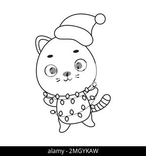 Page de coloriage joli chat de Noël avec guirlande. Livre de coloriage pour enfants. Activité éducative pour les enfants d'âge préscolaire et les tout-petits avec un animal mignon Illustration de Vecteur