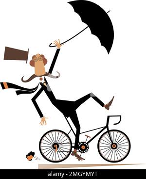 Un jour pluvieux et venteux et un homme fait une illustration de vélo. Vent et pluie forts. L'homme de la longue moustache à vélo dans le chapeau de dessus perd son chapeau et son parapluie Illustration de Vecteur