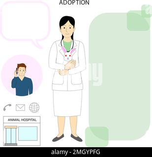 Femmes médecins, vétérinaires tenant un lapin, avec des icônes de client masculin, hôpital animal et ballons de discours Banque D'Images