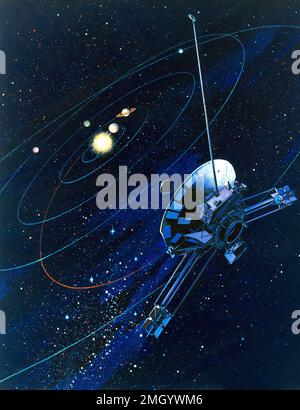Illustration de l'engin spatial Pioneer quittant notre système solaire Banque D'Images