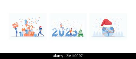 Préparation pour les vacances d'hiver, les travailleurs célèbrent Noël et nouvel an, Joyeux Noël et joyeux nouvel an concept, set plat vecteur moderne illustrae Illustration de Vecteur