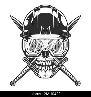 Nouvelle construction et remodelage bâtiment d'affaires crâne dans le casque dur avec épée et lunettes de sécurité de l'illustration de style vintage Illustration de Vecteur