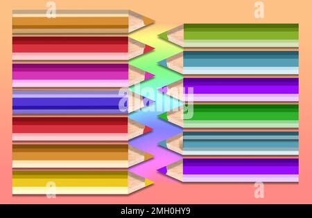 Les crayons de couleurs agréables pour enfants sont vus ensemble dans un modèle dans une illustration de 3-d sur l'éducation élémentaire. Banque D'Images