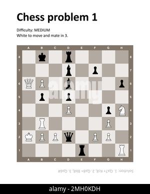Puzzle de problème d'échecs avec solution. Illustration de problème d'échecs de difficulté moyenne. Illustration de Vecteur