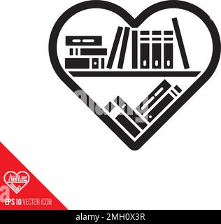 Bibliothèque en forme de coeur avec divers livres vecteur glyphe icône. Symbole d'appréciation de la littérature. Illustration de Vecteur