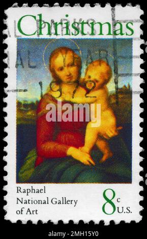 USA - VERS 1973: Un timbre imprimé aux Etats-Unis montre la petite Madonna Cowper, de Raphaël (1483-1520), National Gallery of Art, Washington, vers 1973 Banque D'Images