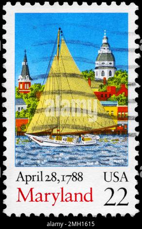 USA - VERS 1988: Un timbre imprimé aux Etats-Unis montre le marin sur le fond de la ville, ratification de la série de la Constitution, vers 1988 Banque D'Images