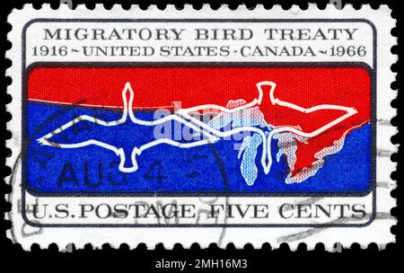 États-Unis - VERS 1966 : un timbre imprimé aux États-Unis montre les oiseaux migrateurs au-dessus de la frontière canado-américaine, vers 1966 Banque D'Images
