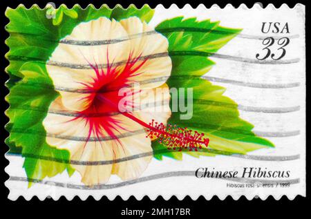 USA - VERS 1999: Un timbre imprimé aux Etats-Unis montre le Hibiscus chinois (Hibiscus rosa-sinensis), série de fleurs tropicales, vers 1999 Banque D'Images