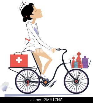 Caricature souriante médecin femme roule une illustration de vélo. Vélo drôle de médecin femme avec un sac et des bouteilles avec des médicaments. Isolé sur fond blanc Illustration de Vecteur