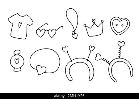 Ensemble de décorations pour coeurs Doodle. Accessoires mignons dessinés à la main isolés sur fond blanc. Lunettes amusantes, bonnette à cheveux, chemise, pendentif. Vecteur amour illustrati Illustration de Vecteur