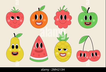 Ensemble de fruits groovy amusants. Visages de personnages simples et mignons. Autocollants hippie de style rétro tendance. Illustration vectorielle Illustration de Vecteur