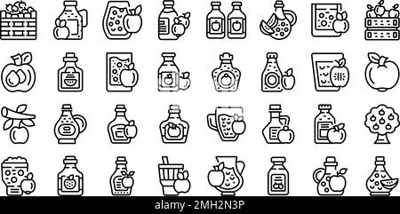 Les icônes de cidre de pomme définissent le vecteur de contour. Bière éclabousse. Boisson aux fruits Illustration de Vecteur