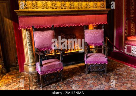 Chenonceau, France - Déc 29 2022： le feu et les fauteuils du roi au château de Chenonceau en France Banque D'Images