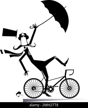 Un jour pluvieux et venteux et un homme fait une illustration de vélo. Vent et pluie forts. L'homme de la longue moustache à vélo dans le chapeau de dessus perd son chapeau et son parapluie Illustration de Vecteur