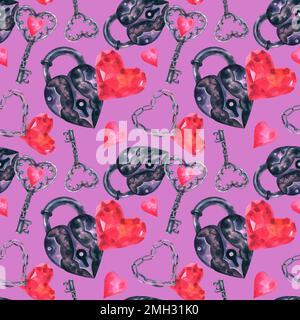 Motif sans couture sur fond violet de la collection de la Saint-Valentin. Une serrure et une clé en forme de coeur, coeur rouge diamant et ruban. Main dr Banque D'Images