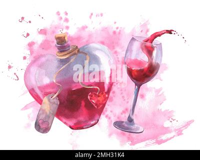 Aquarelle amour potion élixir en forme de coeur bouteille et verre vin illustration sur fond d'aquarelle rose avec éclaboussures. Pour la Saint-Valentin, Mot Banque D'Images