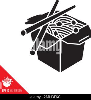 Boîte alimentaire à emporter et baguettes à emporter en chinois, symbole de glyphe vectoriel. Symbole alimentaire asiatique. Illustration de Vecteur