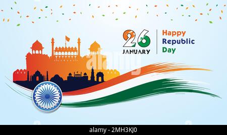 26 janvier, 15 août, jour de l'indépendance, fête de la république de l'Inde, Ashoka Chakra et coup de pinceau tricolore. arrière-plan vectoriel. Illustration de Vecteur