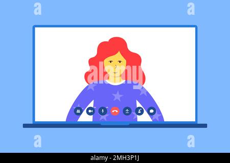 Fille utilisant un ordinateur portable pour les appels vidéo. Visioconférence et réunions Illustration de Vecteur