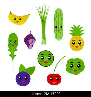 Les fruits et les légumes comme les personnages de kawaii. Les fruits et légumes sont l'aubergine, le poivron, la tomate, le raisin, le céleri, persil, fraise, carotte, purée Illustration de Vecteur