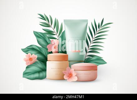 3D scène réaliste de produits cosmétiques et de feuilles de palmier tropicales. Conception du site Web, page d'accueil du magasin des cosmétiques. Illustration vectorielle Illustration de Vecteur