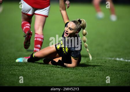 Londres, Royaume-Uni. 26th janvier 2023. Bois de Boreham, Angleterre, 26 janvier 2023: Alisha Lehmann (7 Aston Villa) fait appel pour le scandale pendant le match de coupe continentale entre Arsenal et Aston Villa au stade Meadow Park Boreham Wood England. (K Hodgson/SPP) crédit: SPP Sport Press photo. /Alamy Live News Banque D'Images