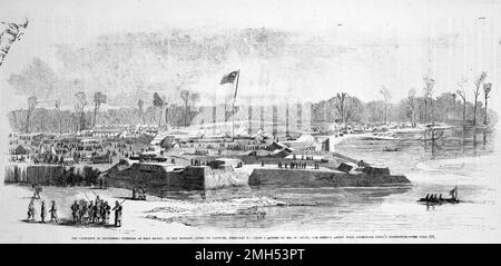 La bataille de fort Henry était une bataille dans la guerre de Sécession américaine qui a eu lieu le 6th février 1862 au Tennessee. C'était la première victoire unioniste sous le commandement d'Ulysses Grant. Cette image illustre le fort après sa reddition Banque D'Images