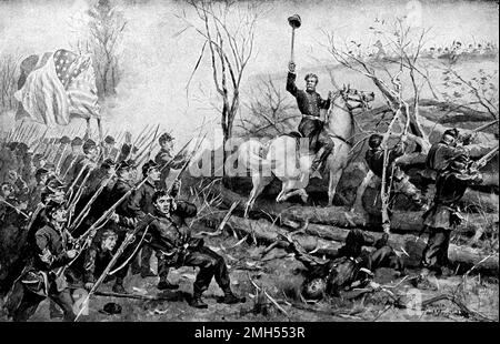 La bataille de fort Donelson fut une bataille de la guerre civile américaine qui se déroula du 11 au 12th février 1862 au Kentucky. C'était une attaque amphibie unioniste sur le fort Donelson sous le commandement d'Ulysses Grant, et c'était une victoire unioniste quand le fort a été capturé. L'image représente le général Charles Smith à cheval à la tête de ses troupes. Banque D'Images