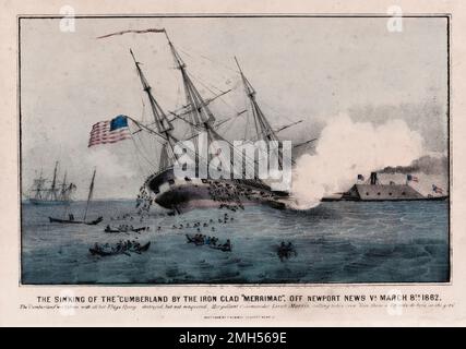 La bataille de Hampton Roads (également la bataille du moniteur et de la Virginie ou la bataille d'Ironclads) était une bataille de la guerre civile américaine qui a eu lieu les 8 et 9th mars 1862 dans les voies maritimes de Hampton Roads. C'était la première bataille navale entre des navires modernes en métal au lieu de bateaux à voile en bois. La vulnérabilité des navires en bois était évidente pour tous et la bataille marque le début de l'âge de dreadnought. Cette image illustre la destruction de l'USS Cumberland par la plus petite CSS Virginia. Banque D'Images