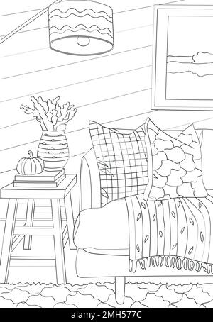 Intérieur de la chambre. Livre de coloriage vectoriel antistress sur fond blanc. Illustration de Vecteur