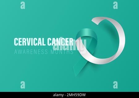 Banderole, carte, placard avec Vector 3D Realistic Teal et ruban blanc sur fond sarcelle. Symbole du mois de sensibilisation au cancer du col de l'utérus Illustration de Vecteur