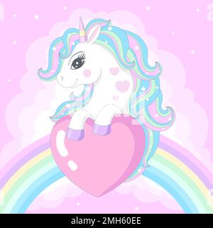 Une belle licorne blanche tient un coeur. Illustration vectorielle Illustration de Vecteur