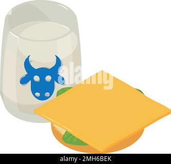 Vecteur isométrique d'icône de petit déjeuner sain. Sandwich avec fromage et verre de lait. Concept alimentaire, nutrition utile Illustration de Vecteur