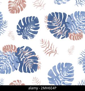 La monstère tropicale laisse un motif sans couture. Monstera aquarelle bleu et rose illustration de feuilles Banque D'Images