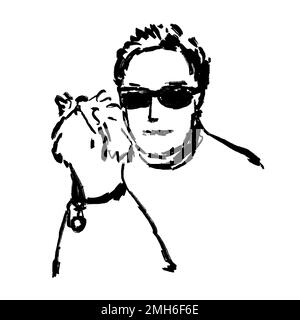 Jeune homme en lunettes de soleil avec un chien westie. Illustration d'une personne avec un chien à l'encre tirée à la main. Concept d'amitié. Texture du pinceau Banque D'Images