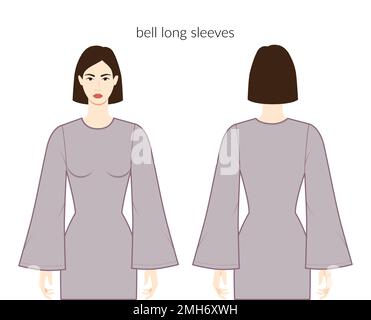 Manches cloches cornet long vêtements femme en robes, hauts, chemises technique mode illustration avec corps ajusté. Modèle de vêtements plats à l'avant et à l'arrière. Femmes, hommes unisex CAD maquette Illustration de Vecteur