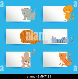 Illustration de chats mignons avec cartes blanches ou cartes de voeux ou carte de visite ensemble de conception Illustration de Vecteur