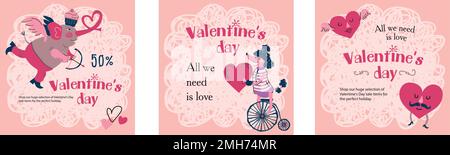 Modèle créatif, mignon Saint Valentin rose pour les médias sociaux avec drôle d'animal salutation pour carte, affiche, bannière. Illustration de Vecteur