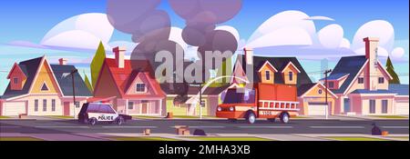 Illustration de dessin animé vecteur de feu dans la maison. Bâtiment brûlant et couvant, voiture de police et camion de lutte contre l'incendie garés dans la rue. Les pompiers versent de l'eau pour éteindre la flamme. Assurance immobilière Illustration de Vecteur