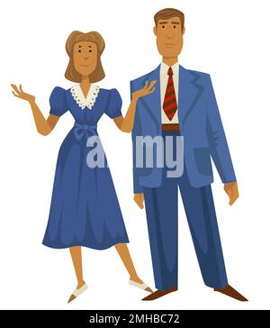 Couple rétro, 1940s style de mode, homme en costume et femme en robe Illustration de Vecteur