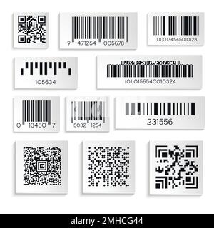 Les codes-barres ou les produits sont autocollants avec des icônes de chiffrement ou de numéro de série isolées Illustration de Vecteur