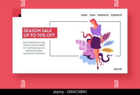 Modèle de page de vente saisonnière ou de remise, fille en shopping Illustration de Vecteur