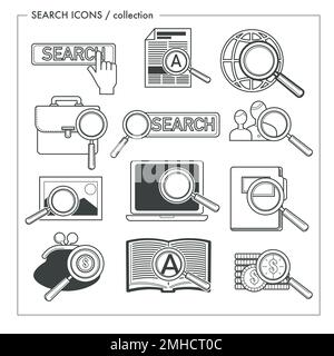 Recherche de données, recherche d'icônes isolées, symbole de loupe Illustration de Vecteur