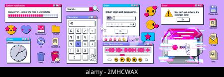 Les anciennes fenêtres et icônes de l'ordinateur sont isolées en arrière-plan. Illustration vectorielle des éléments de l'interface utilisateur rétro 80s 90s pc. Calculatrice, connexion, notification d'erreur système, emoji, miniatures et fichiers Illustration de Vecteur
